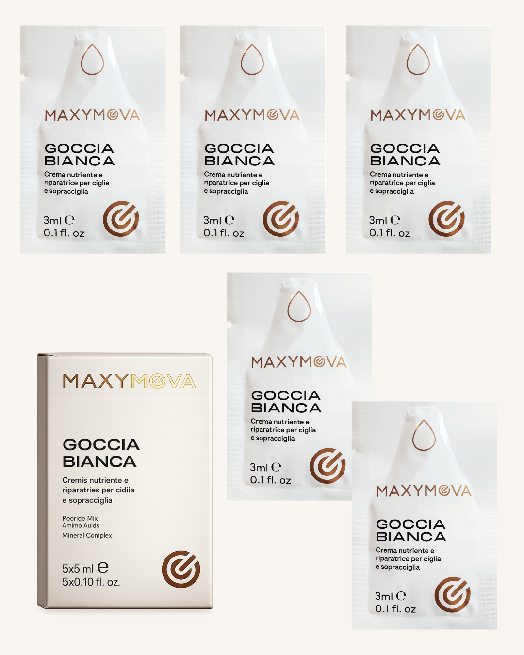 GOCCIA BIANCA — CREMA NUTRITIVA Y REPARADORA PARA PESTAÑAS Y CEJAS. 5 SOBRES DE 3 ML